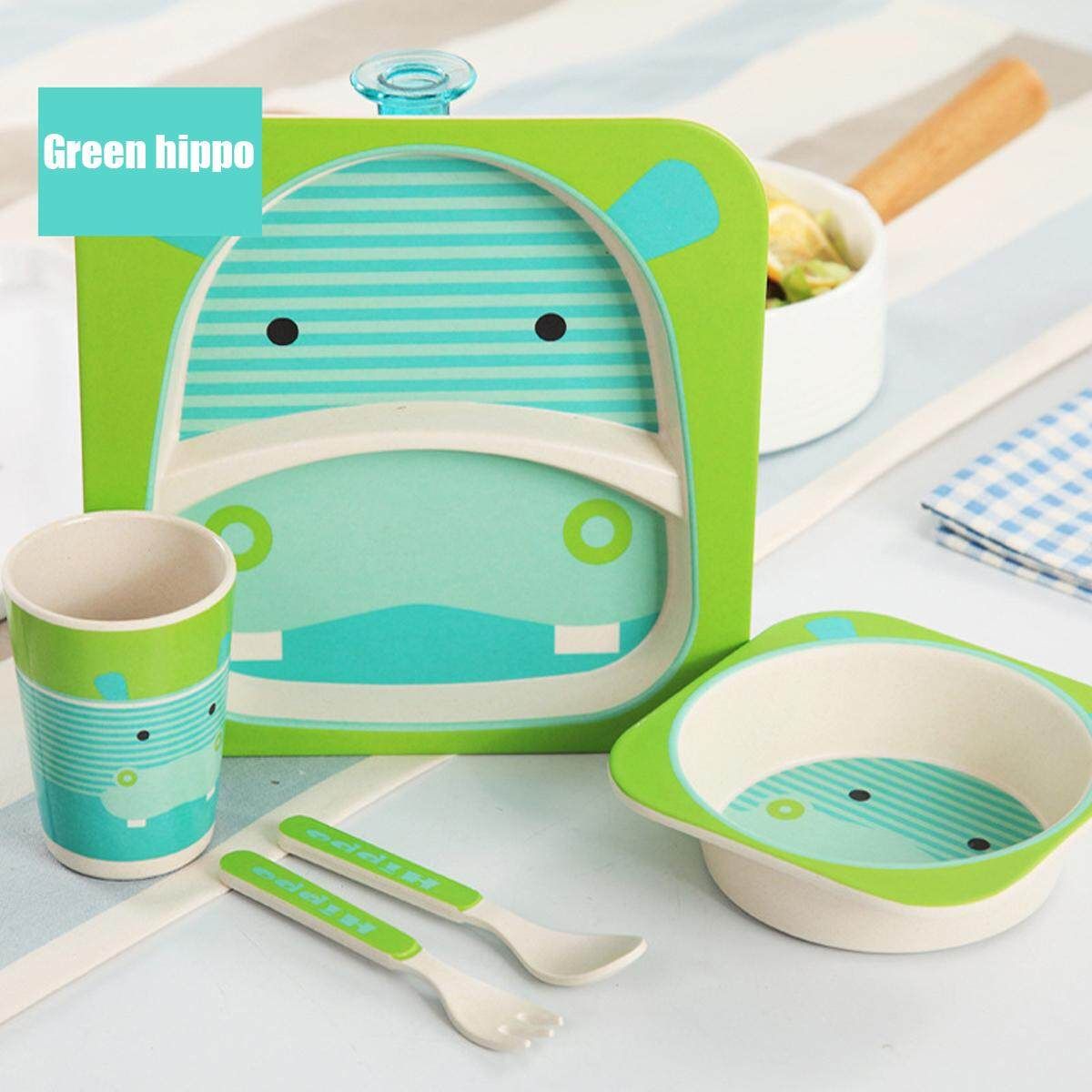 5 Set Bamboo Fiber Baby Plate Bowl Cup Forks Spoon Kids Food Feeding Tableware Green Hippo