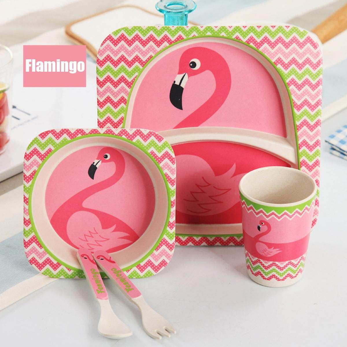 5 Set Bamboo Fiber Baby Plate Bowl Cup Forks Spoon Kids Food Feeding Tableware Flamingo