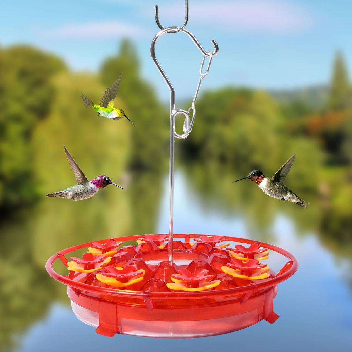 Leak-proof Hummingbird Feeder Floral View Hanging for Outdoors Red