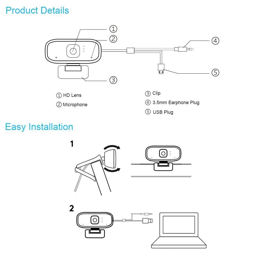 720P HD Webcam Laptop Computer Camera Clip-on PC Web Camera USB Plug-and-Play with Microphone & 3.5mm Audio Plug for Live Streaming Video Calling Online Meeting Teaching