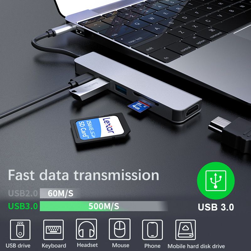 6-in-1 USB-C Hub Multi Splitter Adapter  With HDMI+USB3.0&2.0+SD+TF Expansion Dock