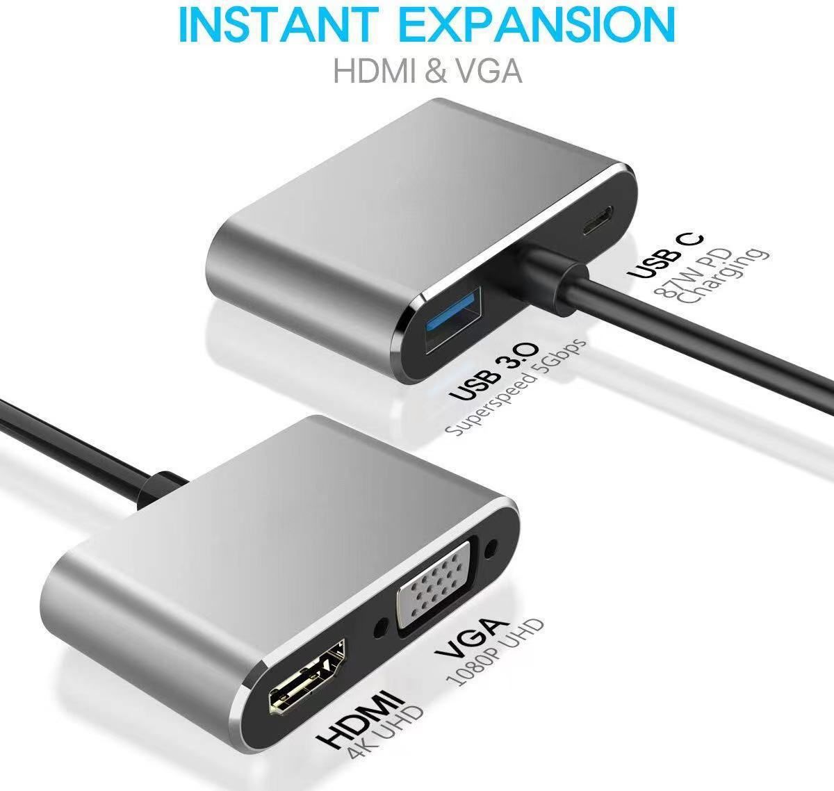 Type C To HDMI 4K+VGA Adapter Converter With USB 3.0+Charging Port 4in1