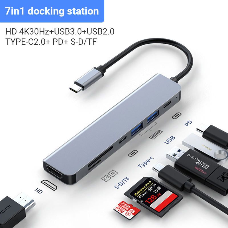 7 In 1 USB C Hub Multiport Adapter Laptop Docking Station With 4K HDMI,USB 3.0 TF/SD Card Reader