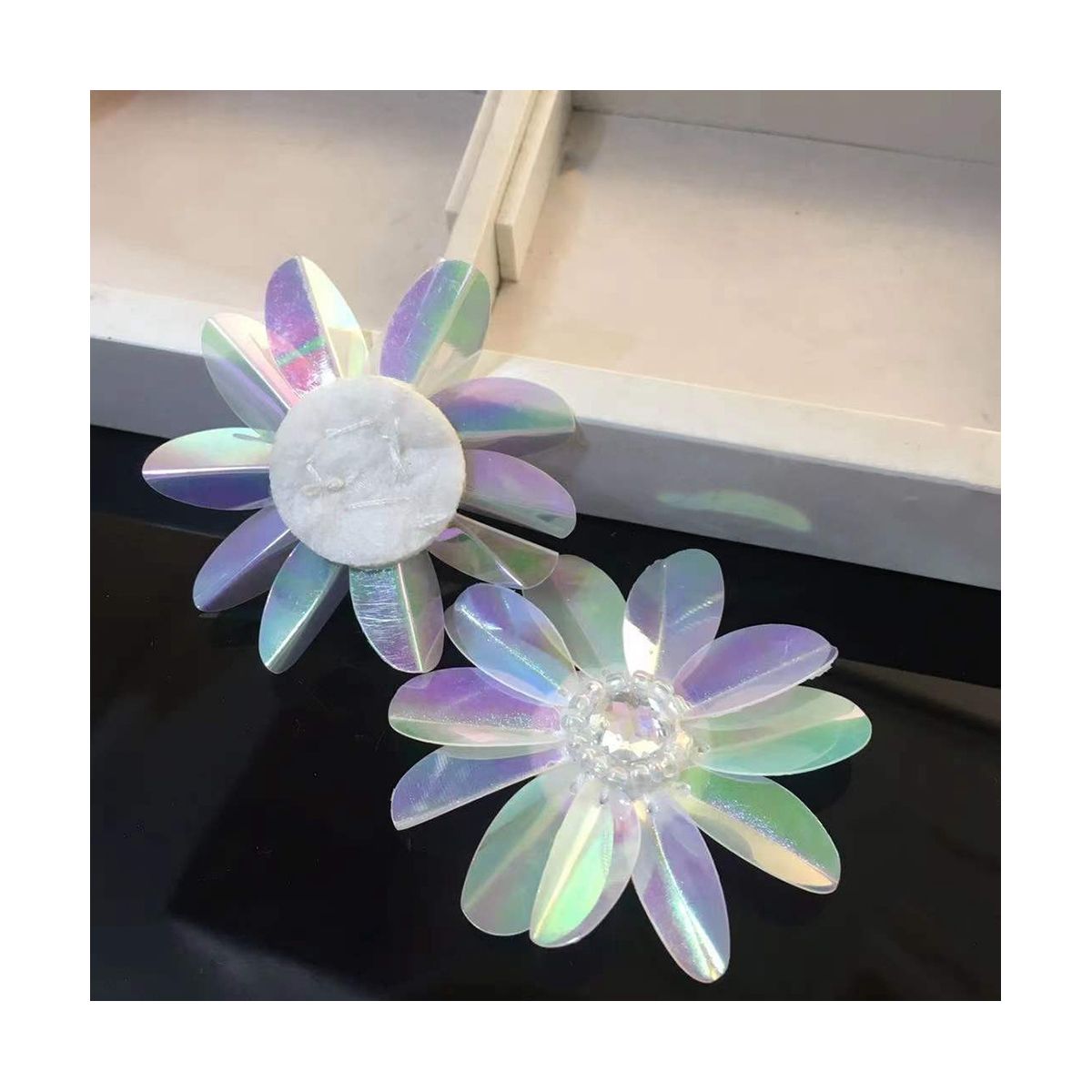 6 Pcs Pearlescent 2 12Inch Sequin Flowers Rhines Beading Applique Crystal Beaded Flower Applique