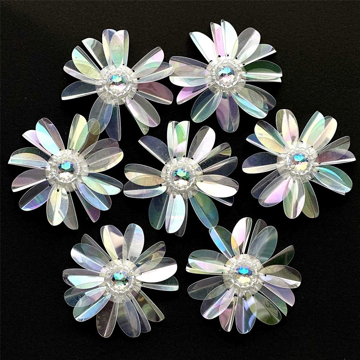 6 Pcs Pearlescent 2 12Inch Sequin Flowers Rhines Beading Applique Crystal Beaded Flower Applique