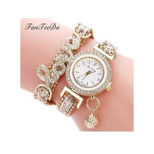 Love Word Leather Strap Ladies Bracelet Watch - Gold