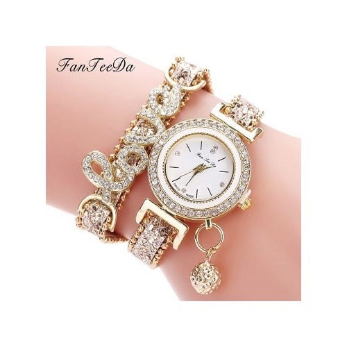 Love Word Leather Strap Ladies Bracelet Watch - Gold