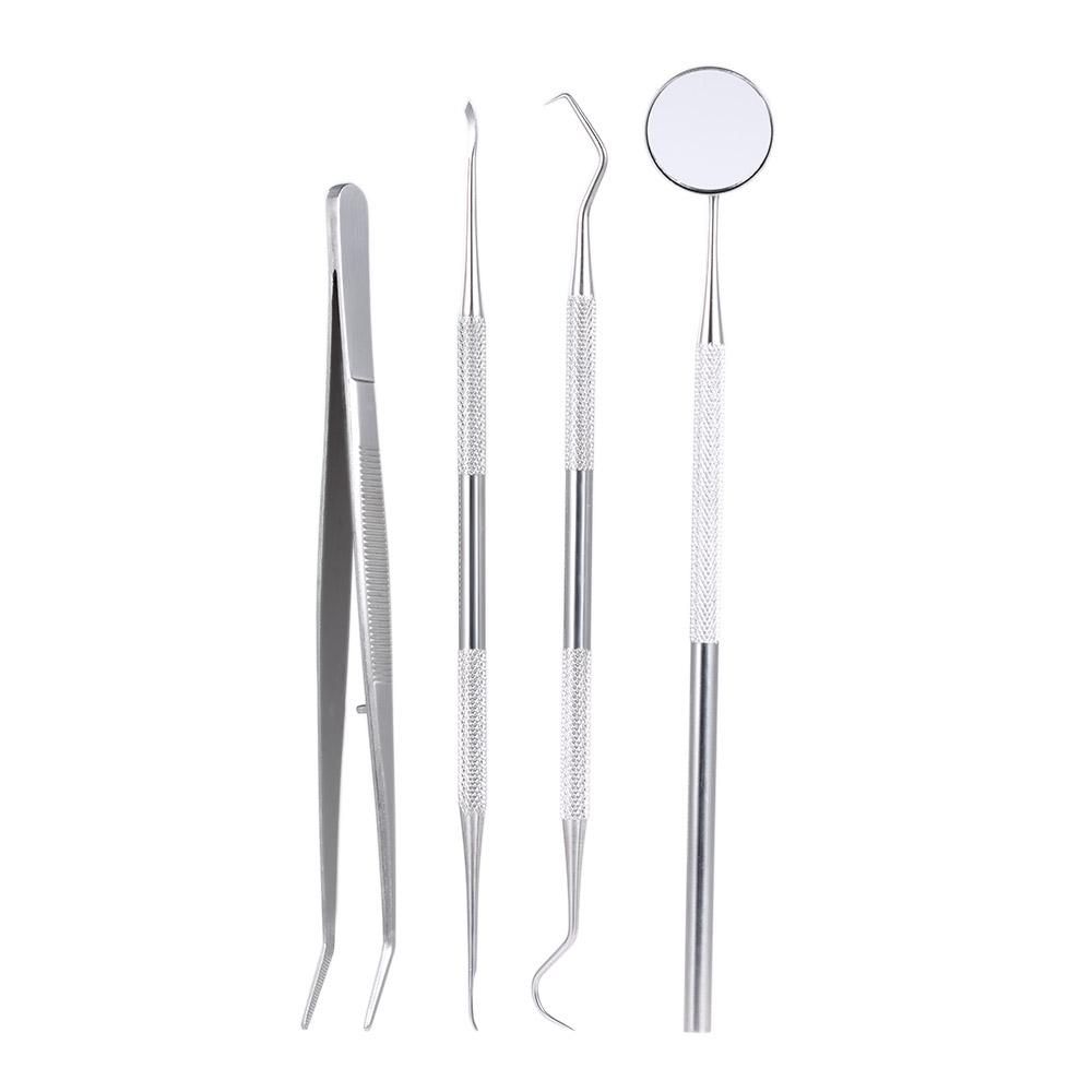 4Pcs Stainless Steel Dental Instruments Mouth Mirror Probe Scraper Tweezers Teeth Hygiene Kit Oral Care