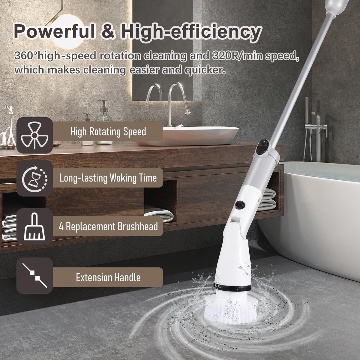 Electric Spin Scrubber Cordless Handheld Cleaning Brush with Adjustable Extension Handle 4 Brush Heads 4000mAH Battery for Kitchen Bathroom Wall Window Floor
