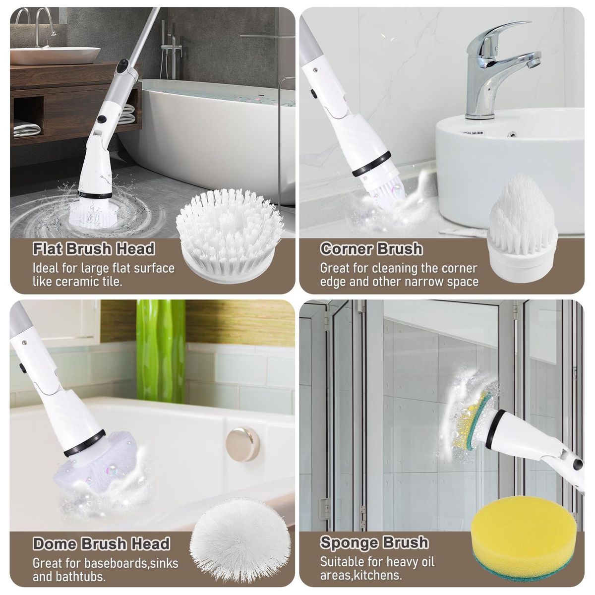 Electric Spin Scrubber Cordless Handheld Cleaning Brush with Adjustable Extension Handle 4 Brush Heads 4000mAH Battery for Kitchen Bathroom Wall Window Floor