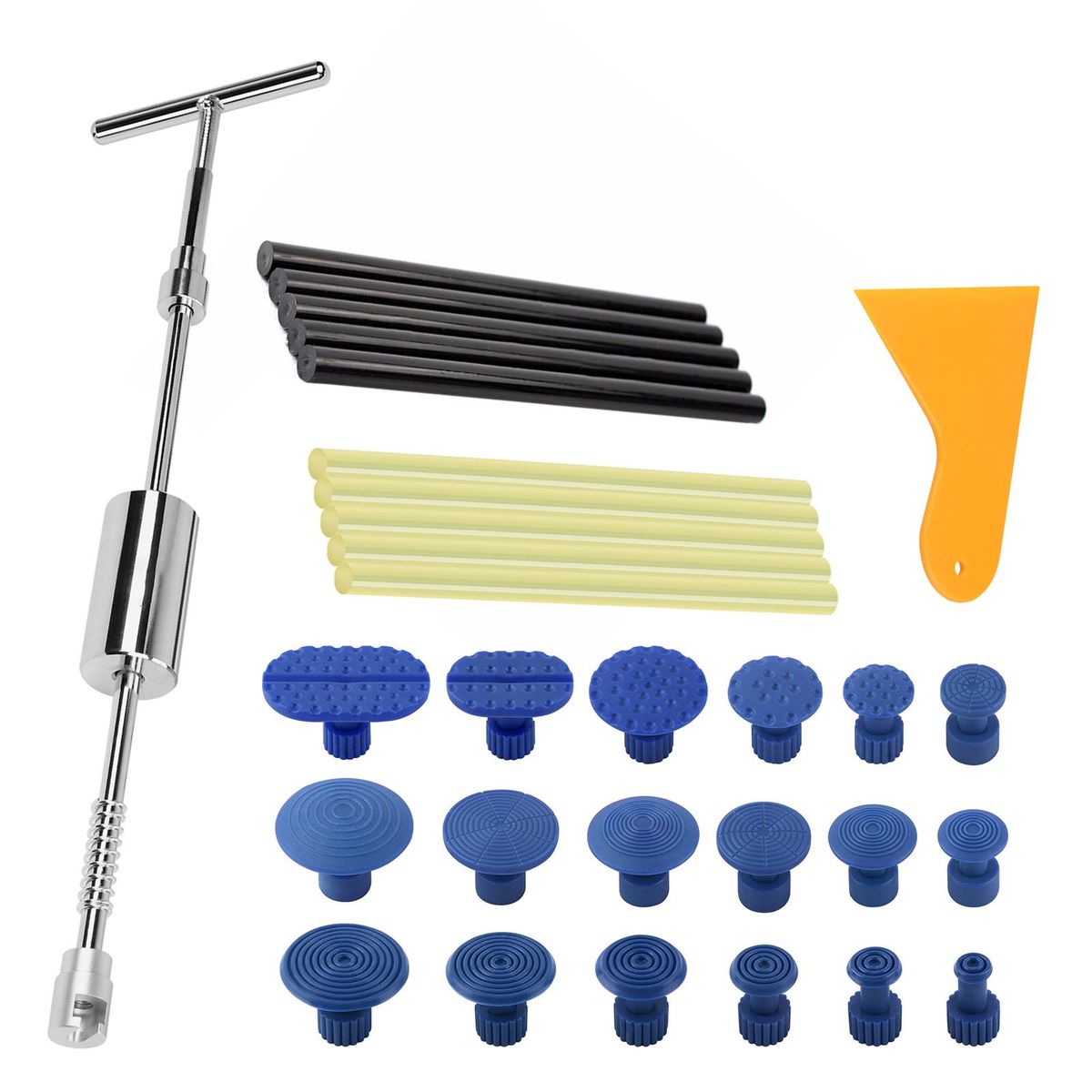 Dent Repair Tool Kit for Car Body Dent Removal 2-in-1 Adjustable T Bar 18pcs Blue Pads 5pcs Black Glue Sticks 5pcs Yellow Glue Sticks 1pcs Yellow Glue Scraper Paintless Dent Repair Tools