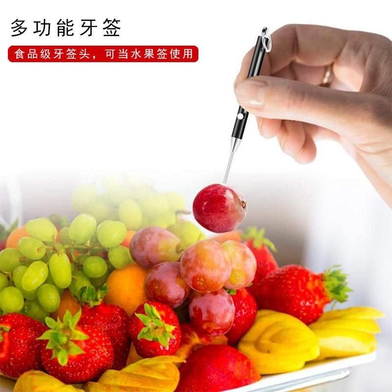 Multifunctional titanium alloy spring retractable toothpick keychain pendant gift fruit fork self-defense tool toothpick holder