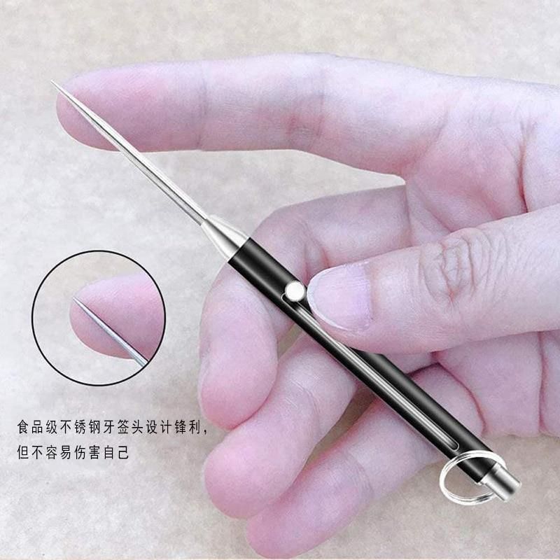 Multifunctional titanium alloy spring retractable toothpick keychain pendant gift fruit fork self-defense tool toothpick holder