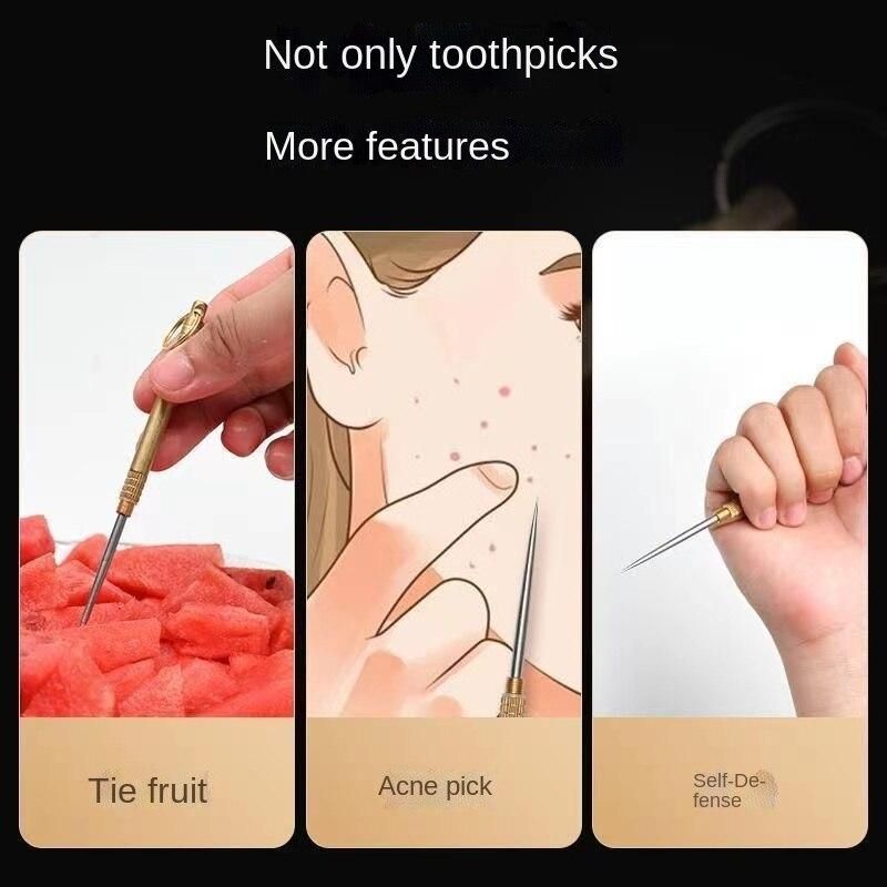 Multifunctional titanium alloy spring retractable toothpick keychain pendant gift fruit fork self-defense tool toothpick holder