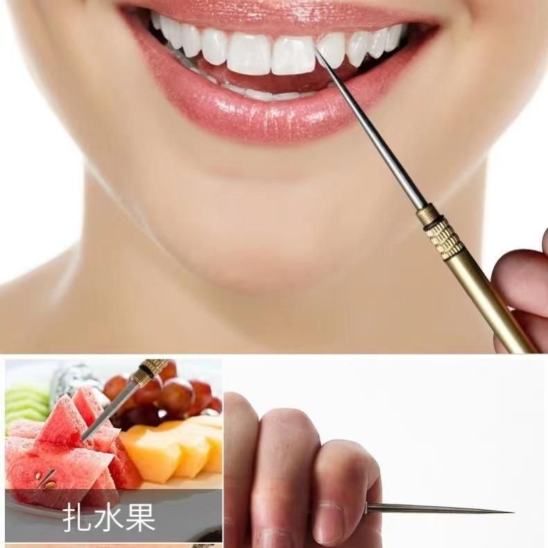 Multifunctional titanium alloy spring retractable toothpick keychain pendant gift fruit fork self-defense tool toothpick holder
