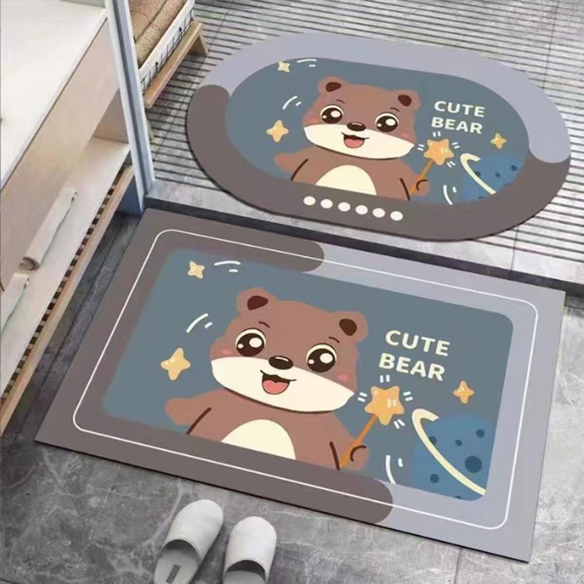 2Pcs Bathroom Rug Cartoon Bear Printing Anti-slip Floor Doormat Decoration Brown