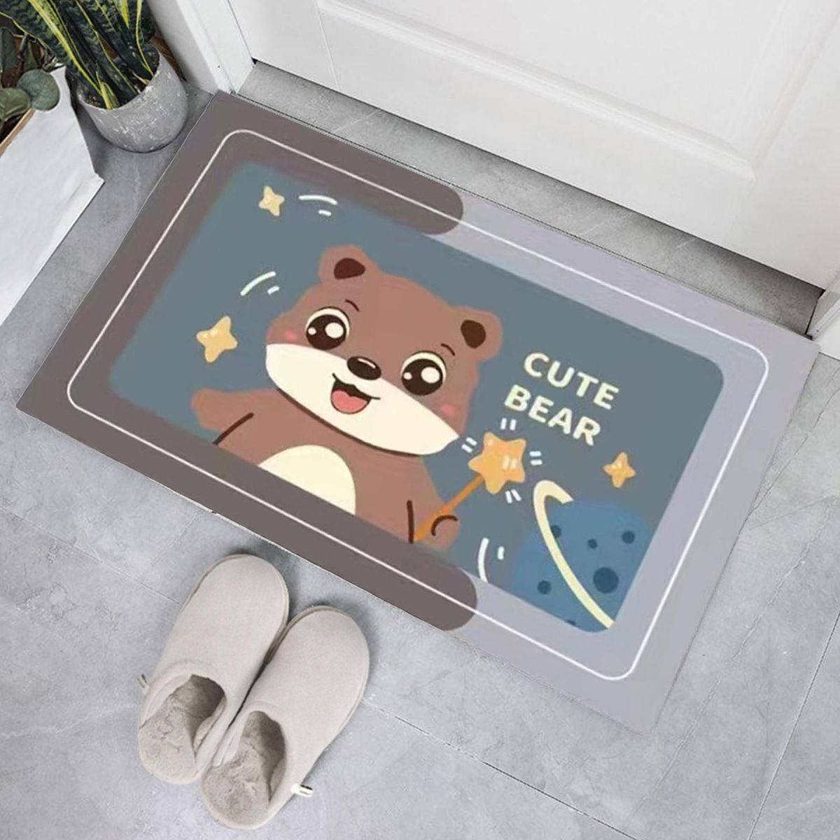 2Pcs Bathroom Rug Cartoon Bear Printing Anti-slip Floor Doormat Decoration Brown