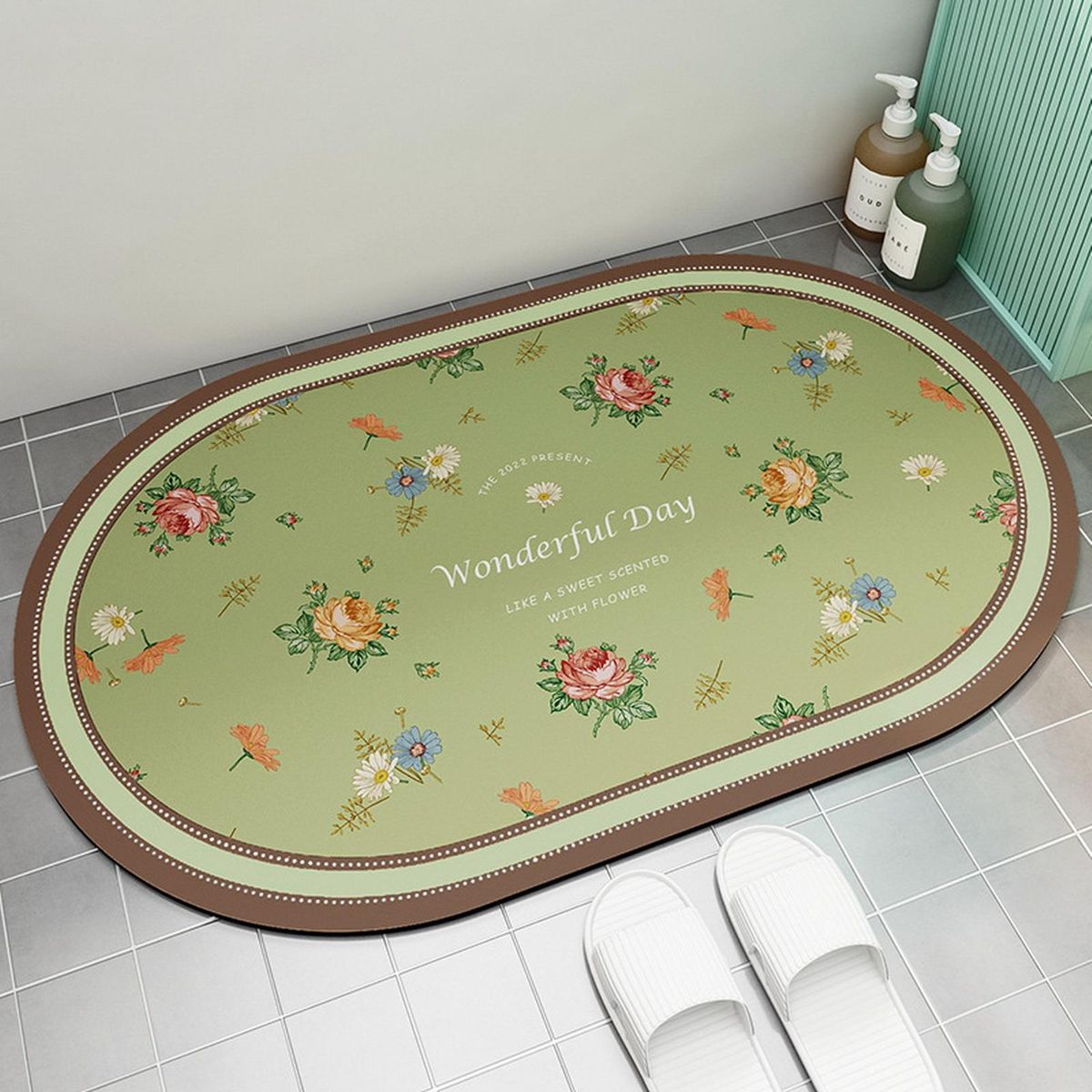 Shower Carpet Flower Printing Anti-slip Bathing Foot Pad Home Decor