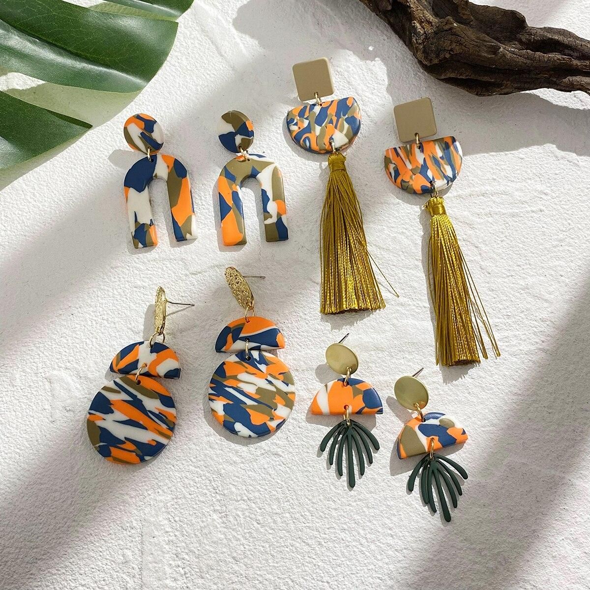 AENSOA Unique Marble Arched Tassel Polymer Clay Earrings for Women  Handmade Abstract Pattern Clay Drop Earrings Jewelry