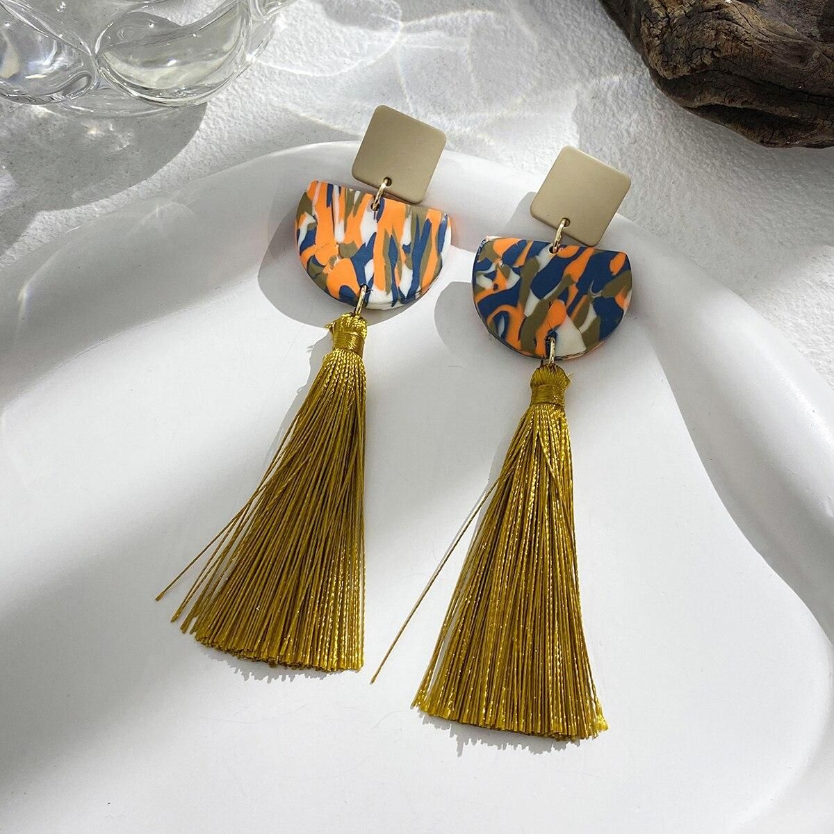 AENSOA Unique Marble Arched Tassel Polymer Clay Earrings for Women  Handmade Abstract Pattern Clay Drop Earrings Jewelry
