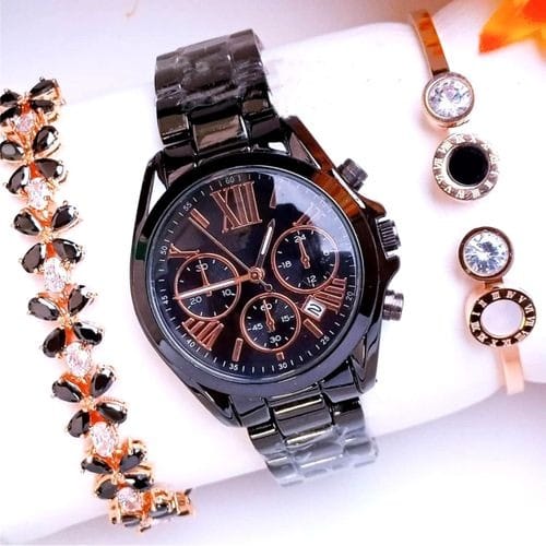 Black Chain Wristwatch + 2 Matching Bracelets