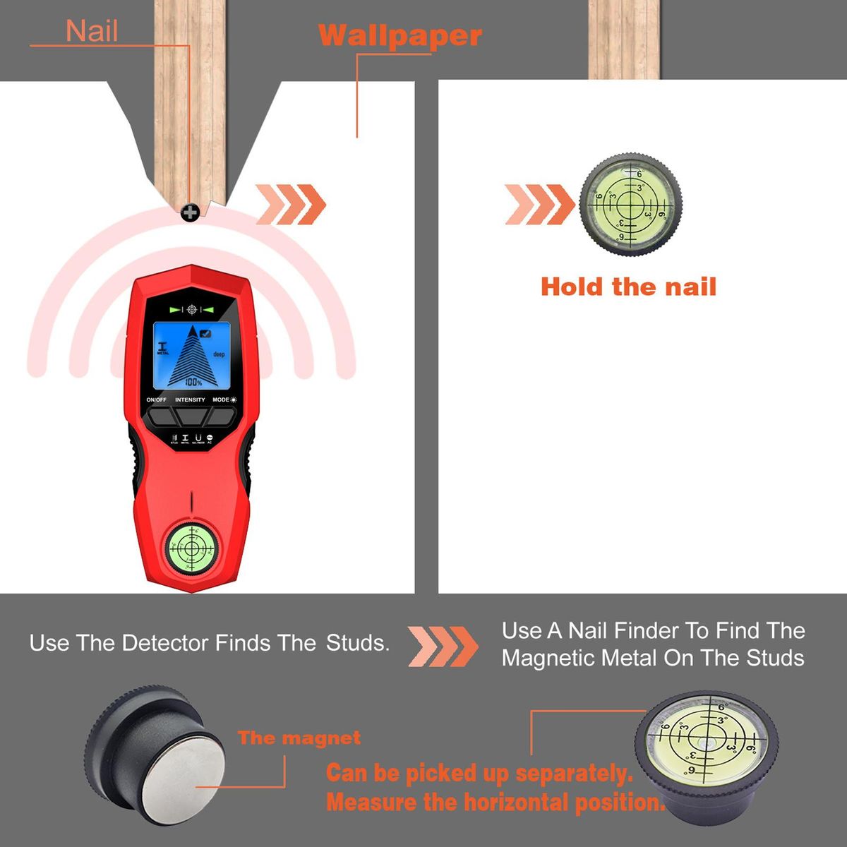 LCD Backlight Display Digital Wall Detector Metal Sensor Wood Stud Finder AC Cable Scanner Three Scanning Modes Switchable with Nail Positioning Function