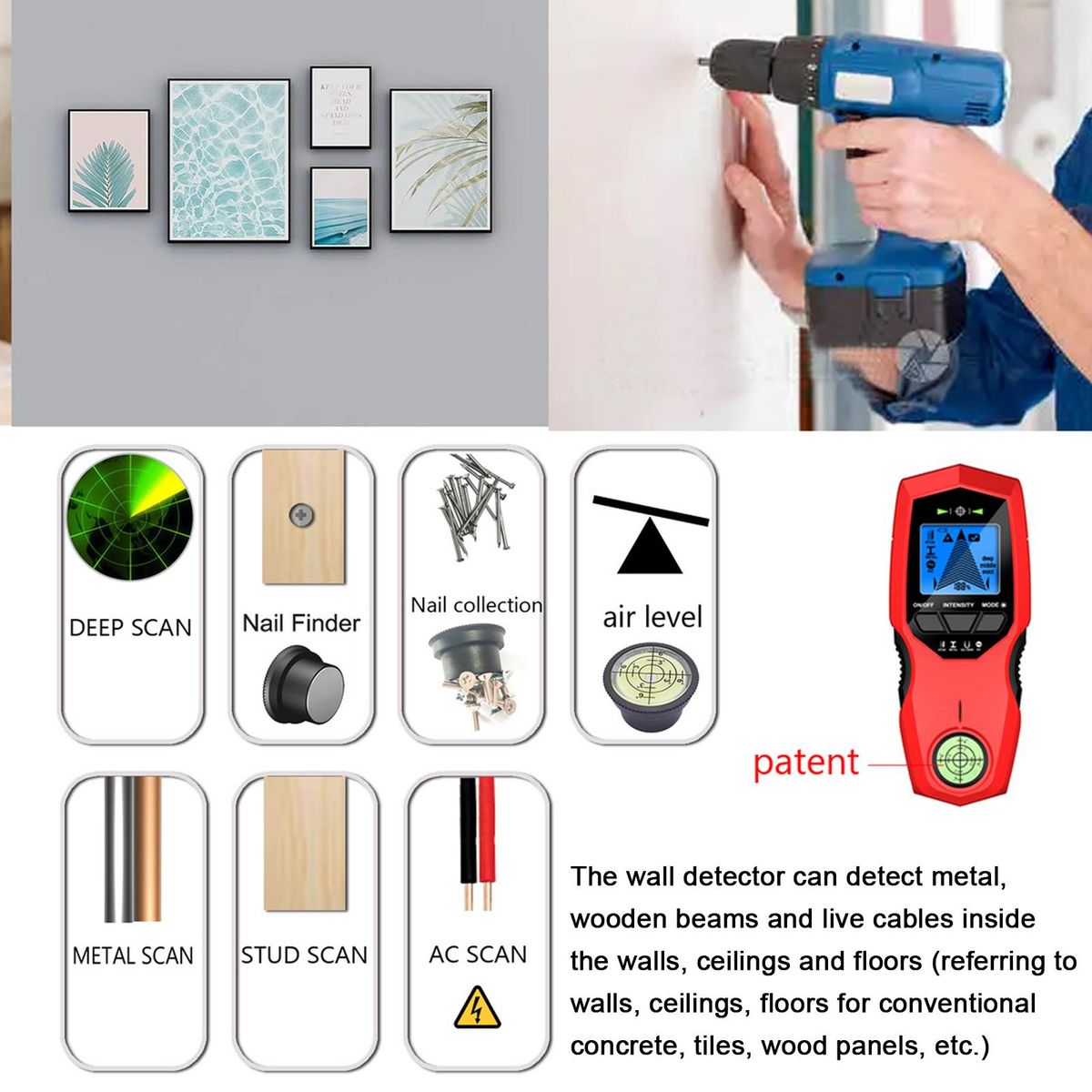 LCD Backlight Display Digital Wall Detector Metal Sensor Wood Stud Finder AC Cable Scanner Three Scanning Modes Switchable with Nail Positioning Function
