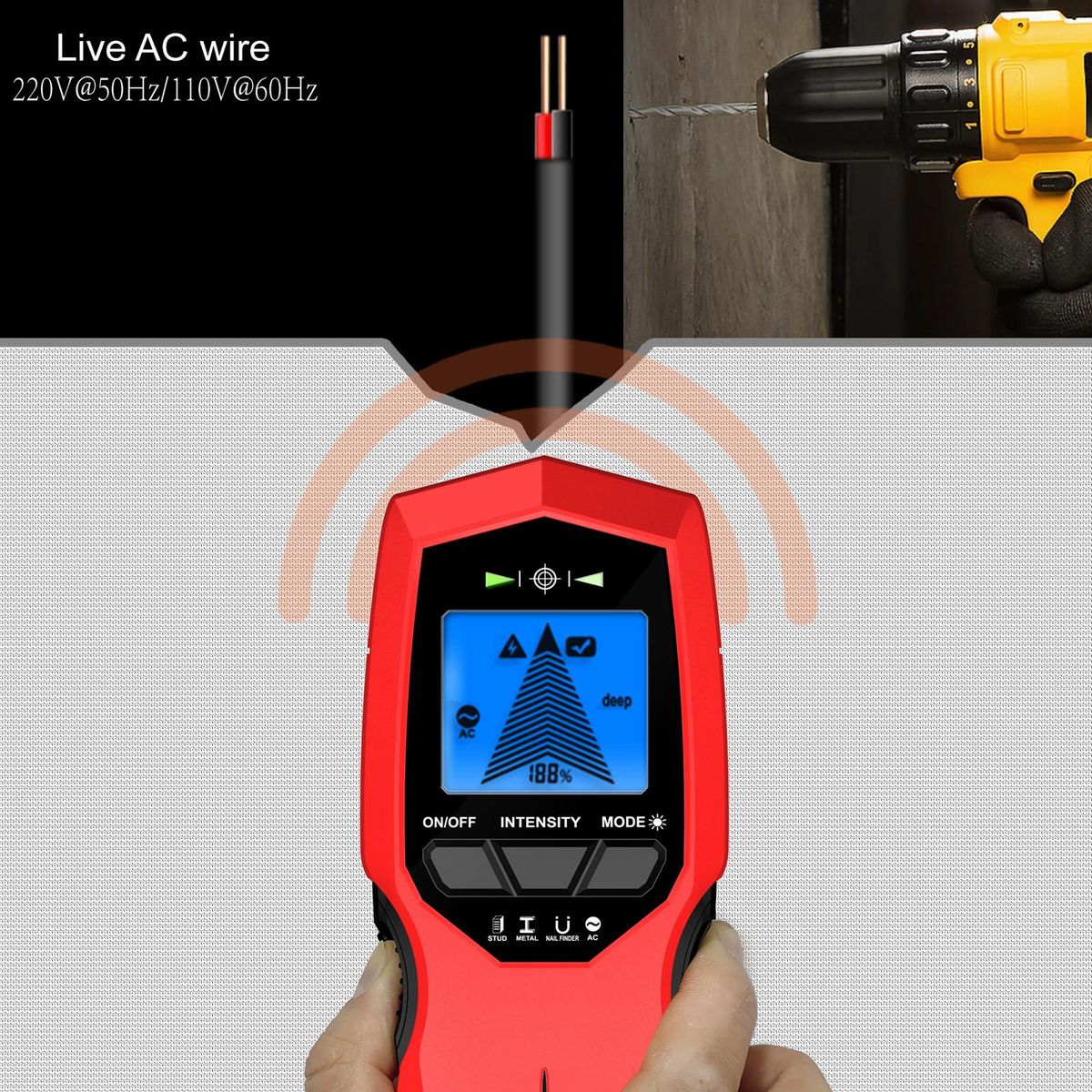 LCD Backlight Display Digital Wall Detector Metal Sensor Wood Stud Finder AC Cable Scanner Three Scanning Modes Switchable with Nail Positioning Function