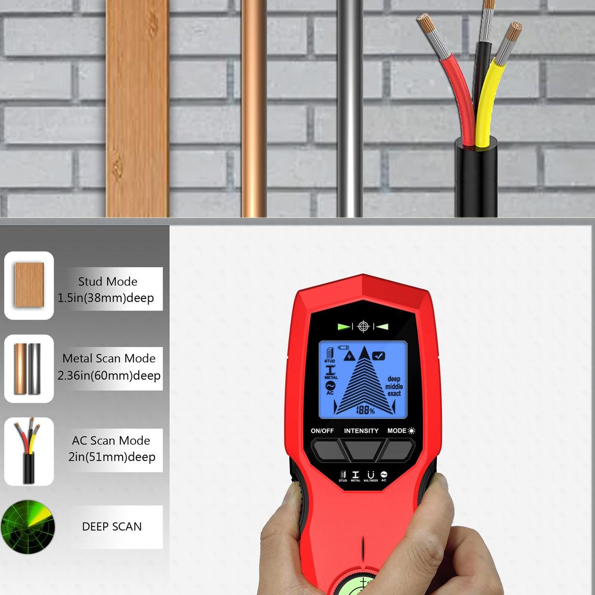 LCD Backlight Display Digital Wall Detector Metal Sensor Wood Stud Finder AC Cable Scanner Three Scanning Modes Switchable with Nail Positioning Function
