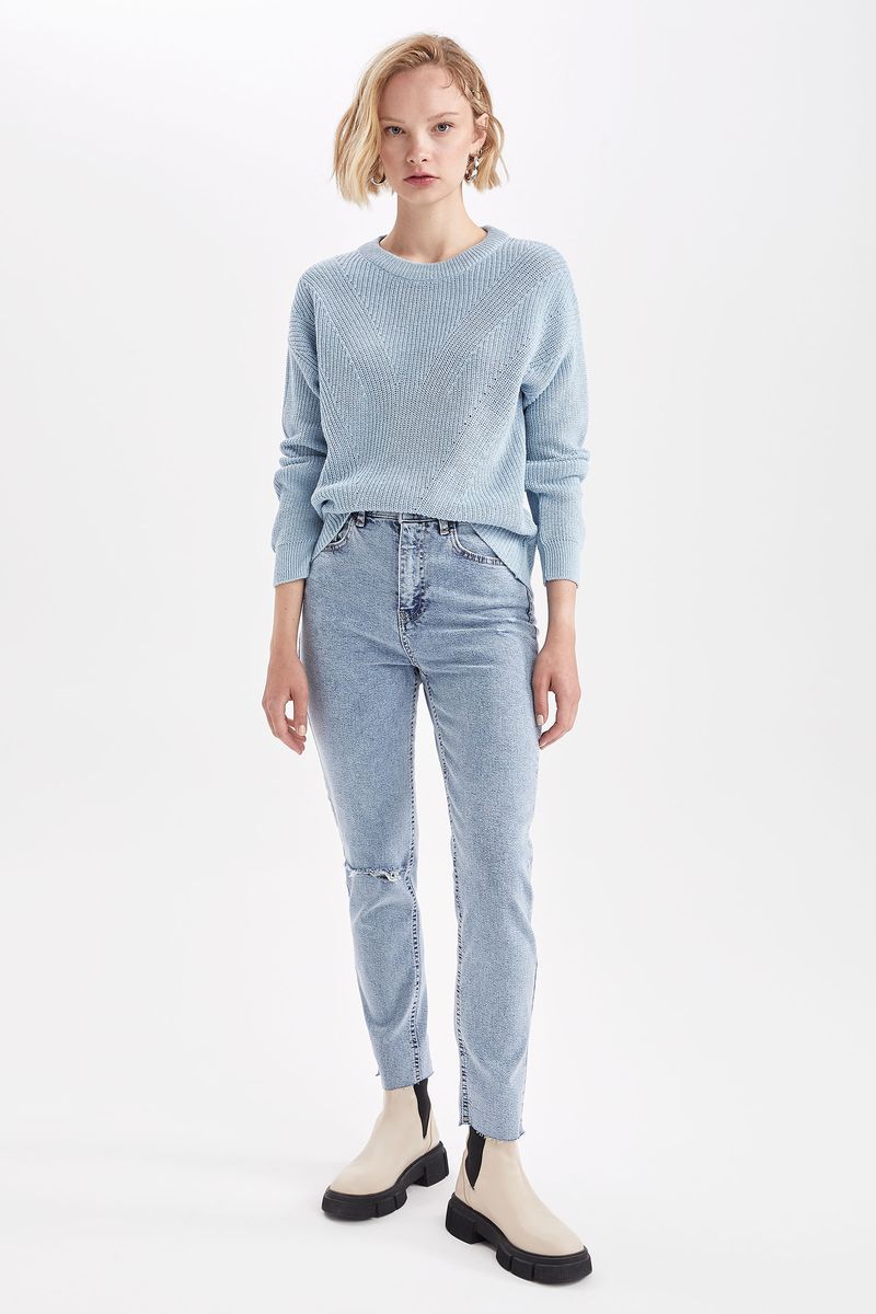 Woman Young Regular Fit Crew Neck Long Sleeve Tricot Pullover - Blue