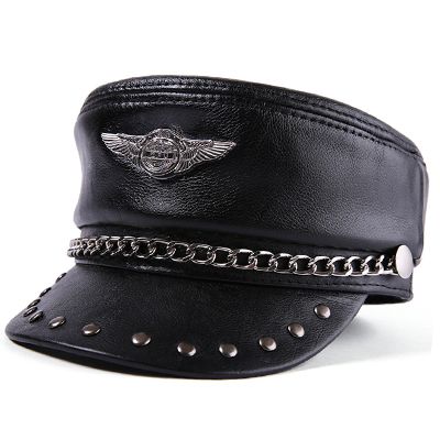 Leather Hat Ary Cap Leather Cap Captain Cap Men Cowhide Ary Cap Retro Motorcycle Cap Women   Cap Women-black