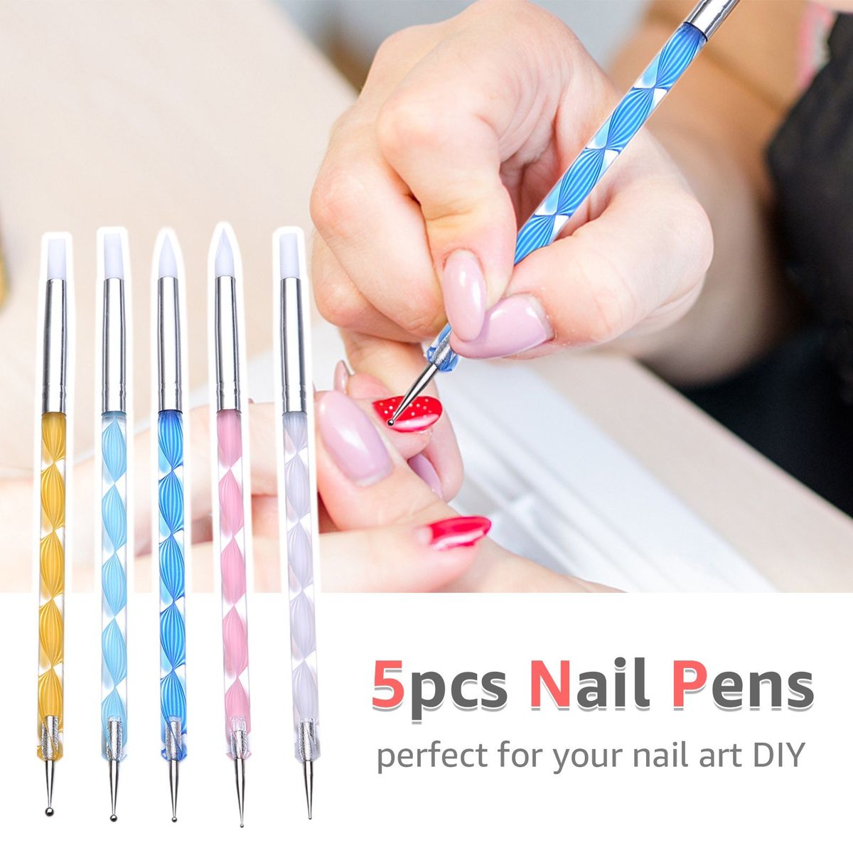 5pcs Double-ended Nail Dotting Pen Silicone Nail Art Pen Brushes Set Acrylic Nail Brush For 3D Effect Drawing Dotting Tools