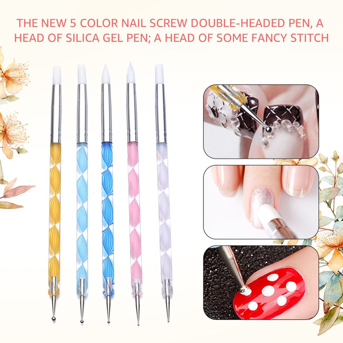 5pcs Double-ended Nail Dotting Pen Silicone Nail Art Pen Brushes Set Acrylic Nail Brush For 3D Effect Drawing Dotting Tools
