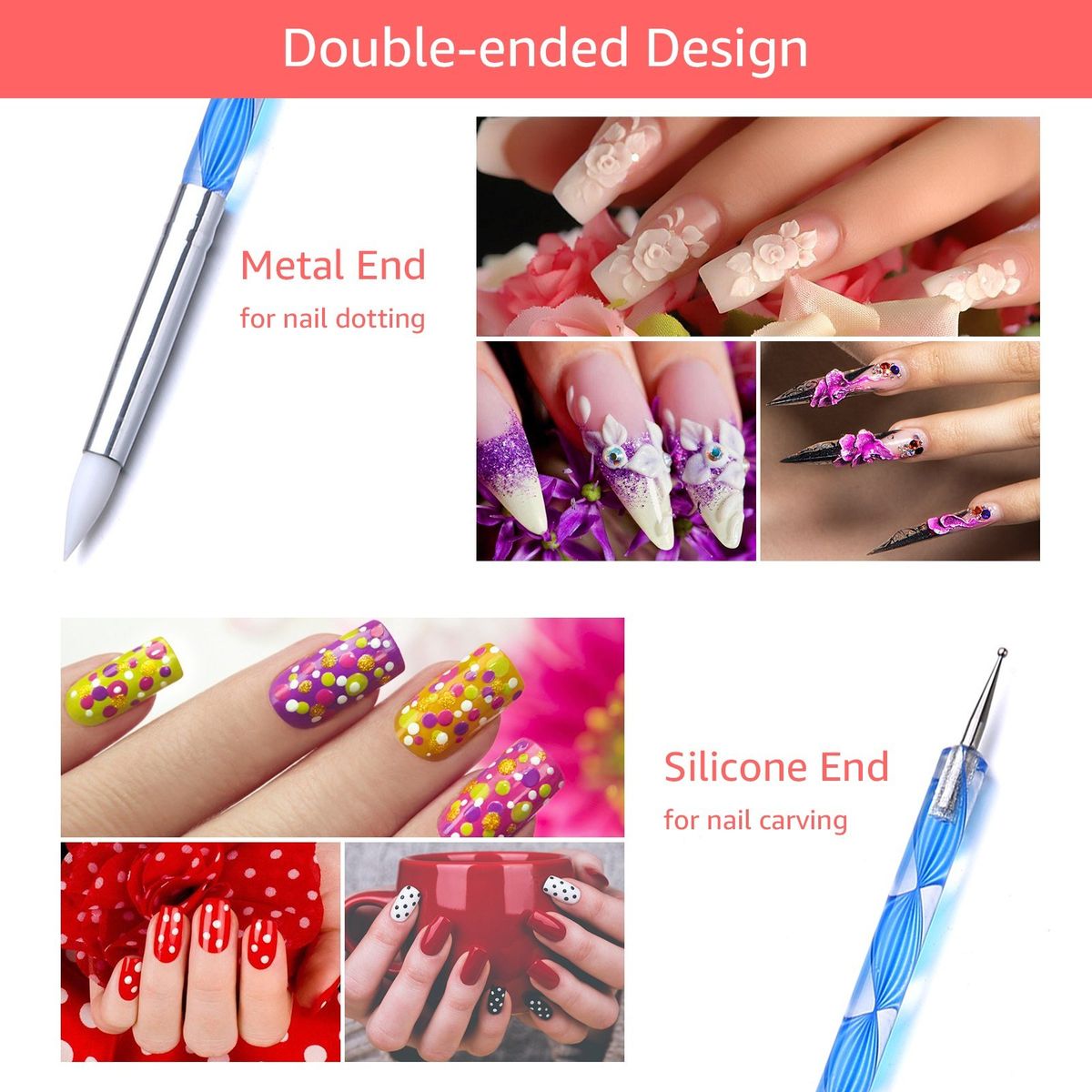 5pcs Double-ended Nail Dotting Pen Silicone Nail Art Pen Brushes Set Acrylic Nail Brush For 3D Effect Drawing Dotting Tools