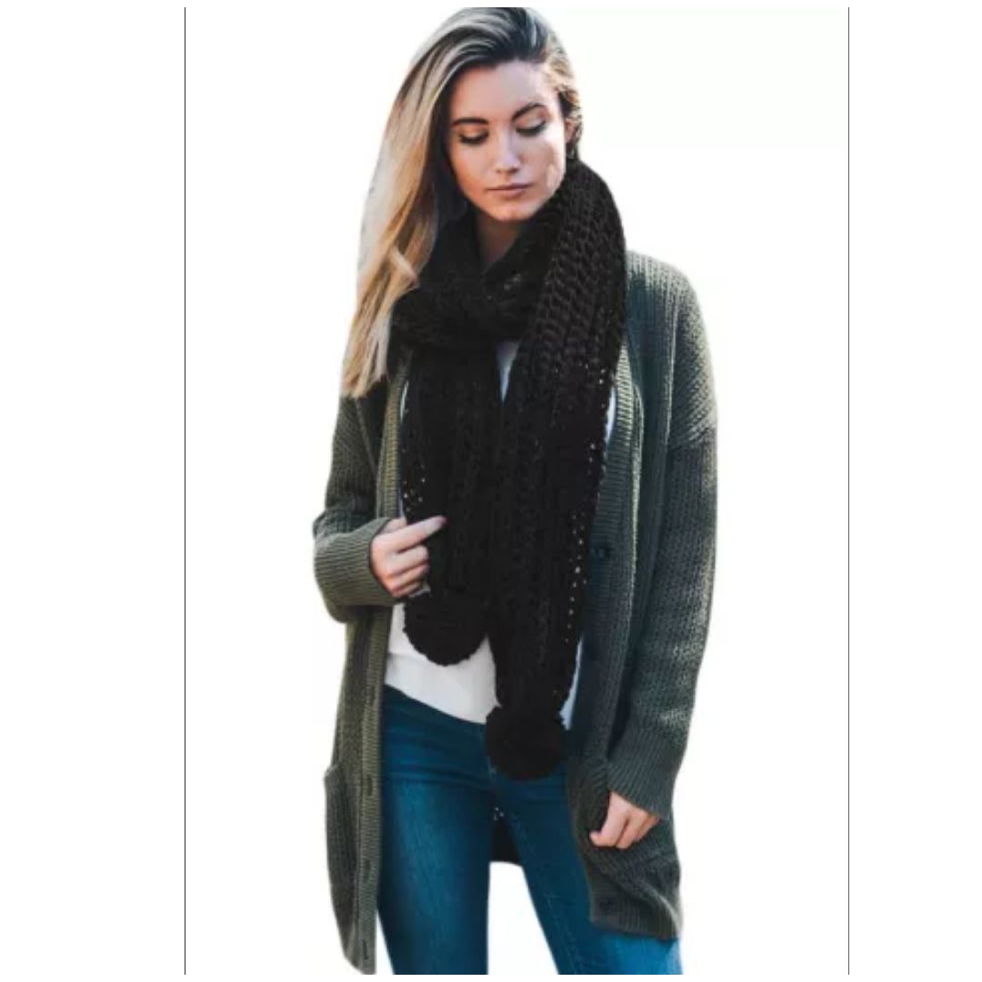 Mfed Brown Pom Pom Ribbed Knit Scarf