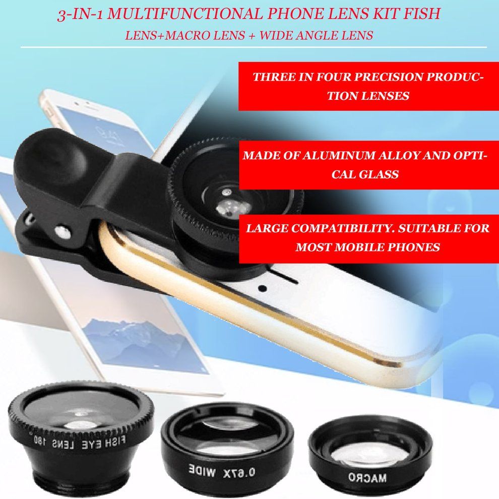 3-in-1 Multifunctional Phone Lens Kit Fish Lens+ro Lens + Wide Angle Lens