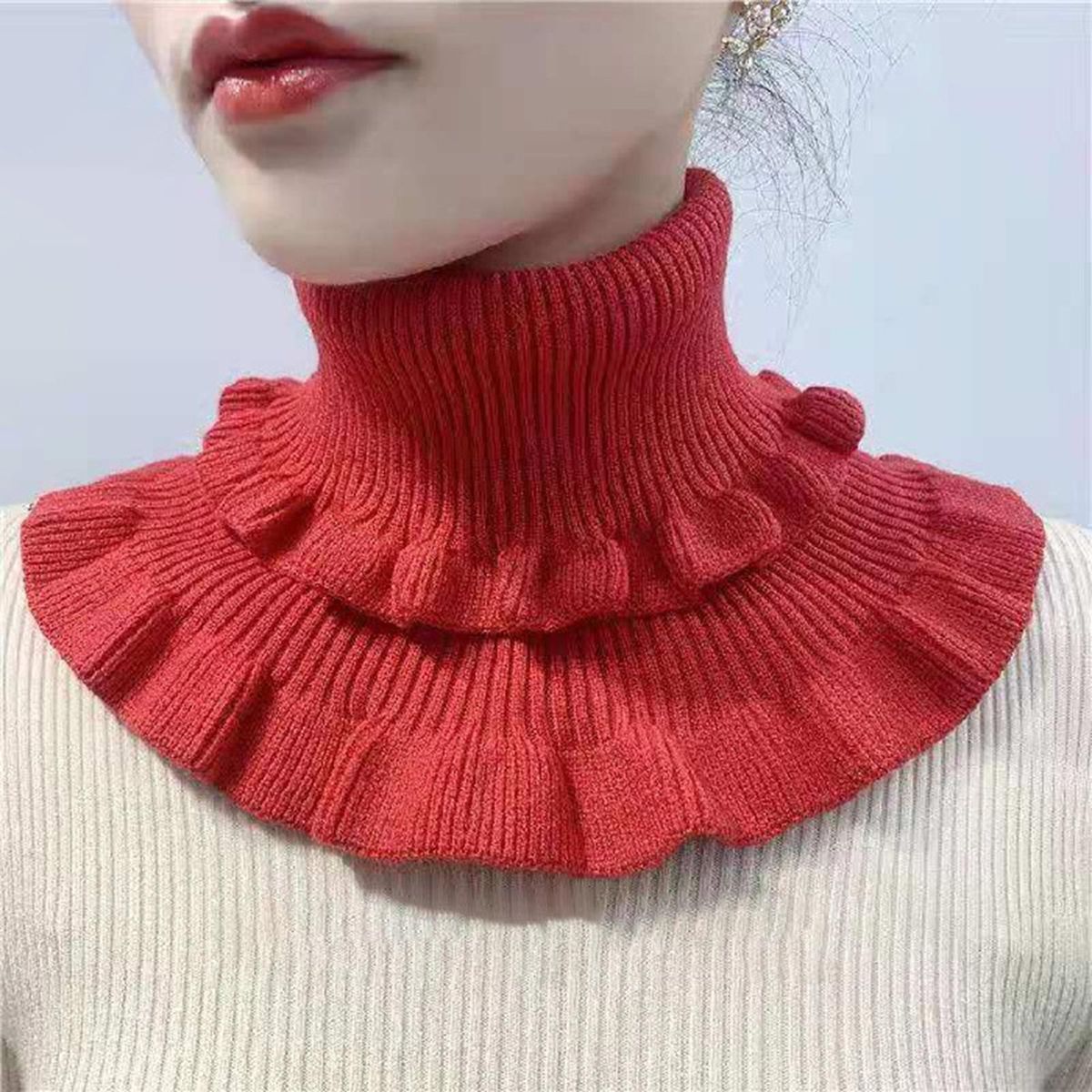 Autumn Winter Women Fake Collar Ruffles Turtleneck-Red