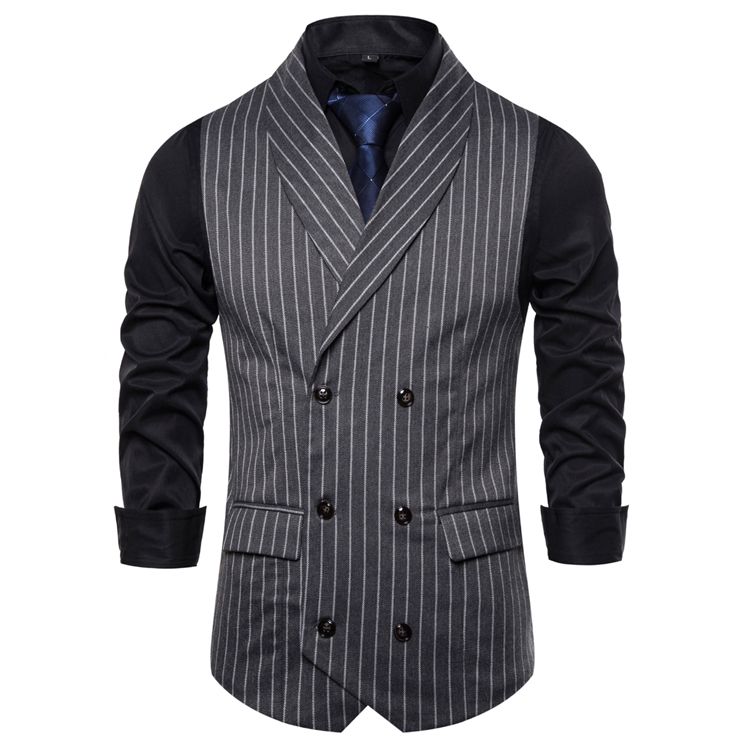 (Dark Grey)MIAMOOM  New Style Leisure Waistcoat  Men  Stripe Double Breasted Vest Fast Shipping 0226 ACU
