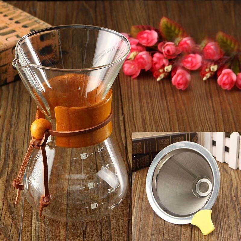 2Pcs/Set 400ml For 1-2 Cup Wood Neck Glass Coffee Maker Chemex Brew Pot With S Stainless Steel Filter Dripper HOT