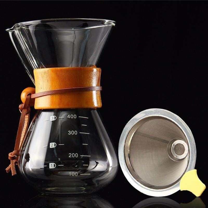 2Pcs/Set 400ml For 1-2 Cup Wood Neck Glass Coffee Maker Chemex Brew Pot With S Stainless Steel Filter Dripper HOT