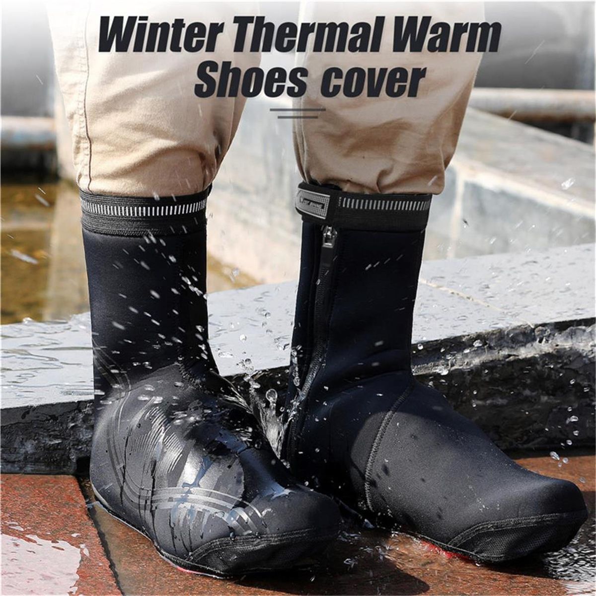 Winter Cycling Shoes Cover Waterproof Windproof Bike Shoes Cover Non-slip Zippered Overshoes with Fleece Lining Rain Shoes Cover Protector Reflective MTB Road Bike Shoe Covers Easy Wear on Take Off