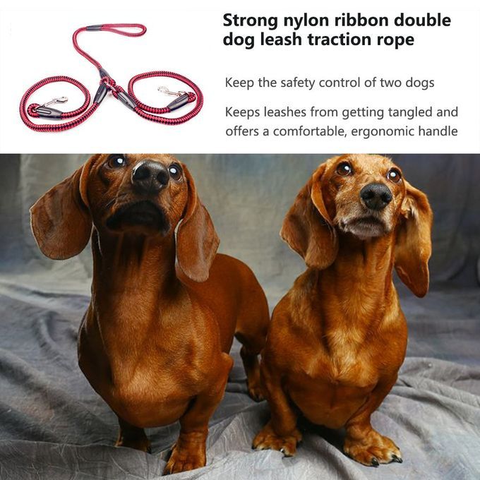 Strong Nylon Ribbon Double Dog Leash One Drag Braided Tangle Traction Rope Red & Black