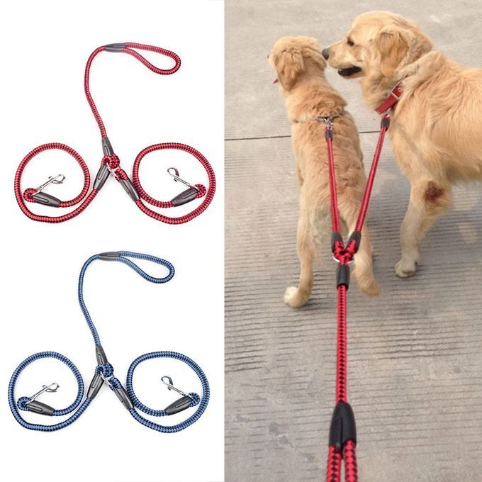 Strong Nylon Ribbon Double Dog Leash One Drag Braided Tangle Traction Rope Red & Black