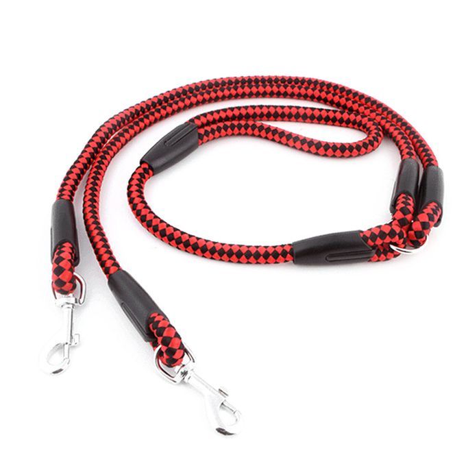 Strong Nylon Ribbon Double Dog Leash One Drag Braided Tangle Traction Rope Red & Black