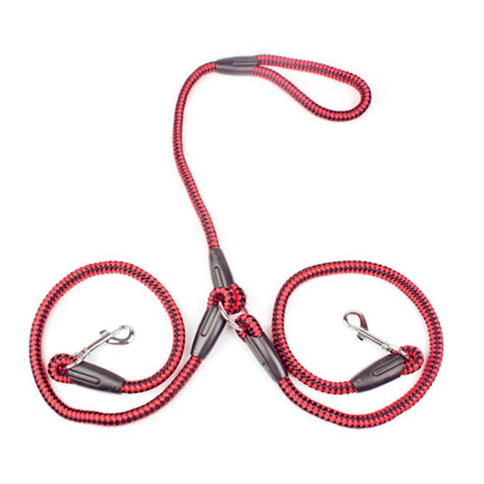 Strong Nylon Ribbon Double Dog Leash One Drag Braided Tangle Traction Rope Red & Black