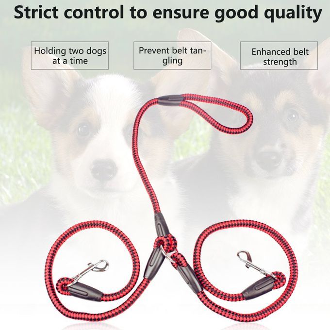Strong Nylon Ribbon Double Dog Leash One Drag Braided Tangle Traction Rope Red & Black