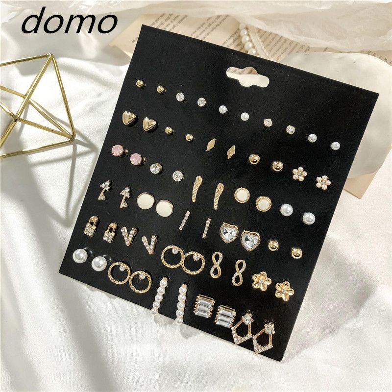 Ins Hot 30 Pairs Of DIY Flower Letter Diamond And Pearl Combination Earrings Set
