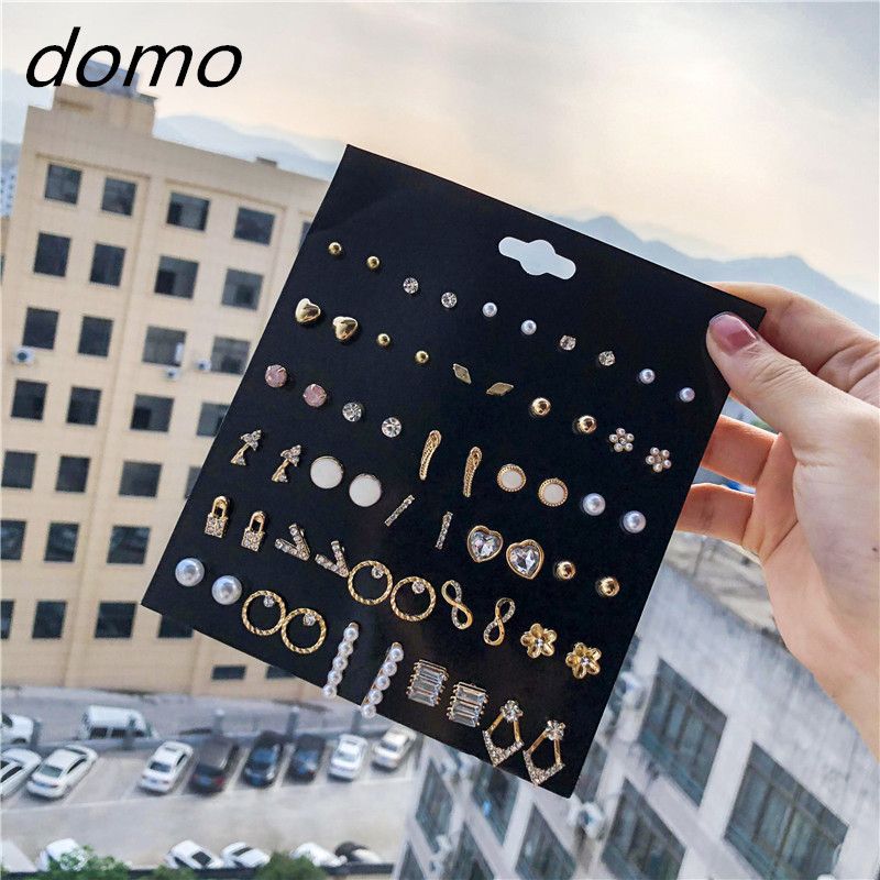 Ins Hot 30 Pairs Of DIY Flower Letter Diamond And Pearl Combination Earrings Set