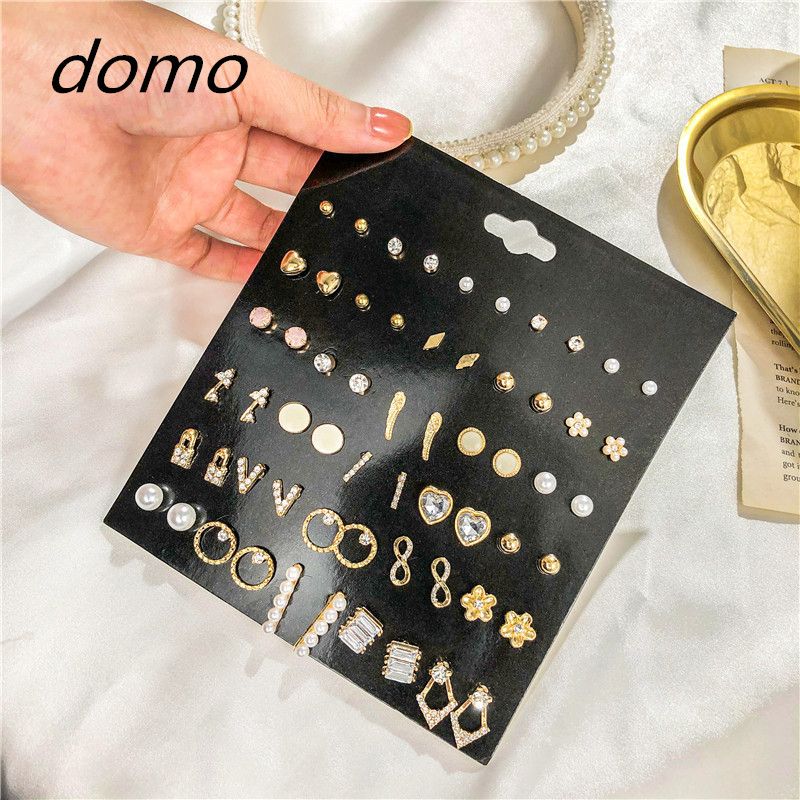 Ins Hot 30 Pairs Of DIY Flower Letter Diamond And Pearl Combination Earrings Set
