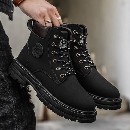 Motorcycle Boots Men High-top Shoes Fashion Trend All-match Leather Martin Boots For Man Outdoor Casual Work Shoes Lace-Up Male Winter Ankle Boots Black